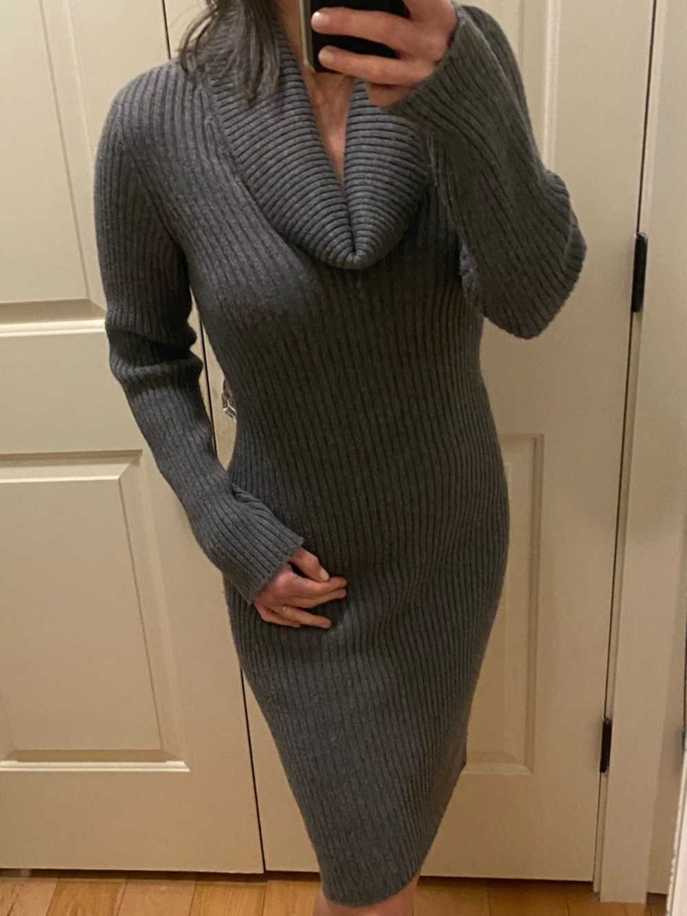 Stefanel Italian-made Gray Ribbed Cowl Neck Sweater Dress